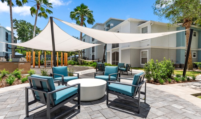 Outdoor lounge with plush chairs